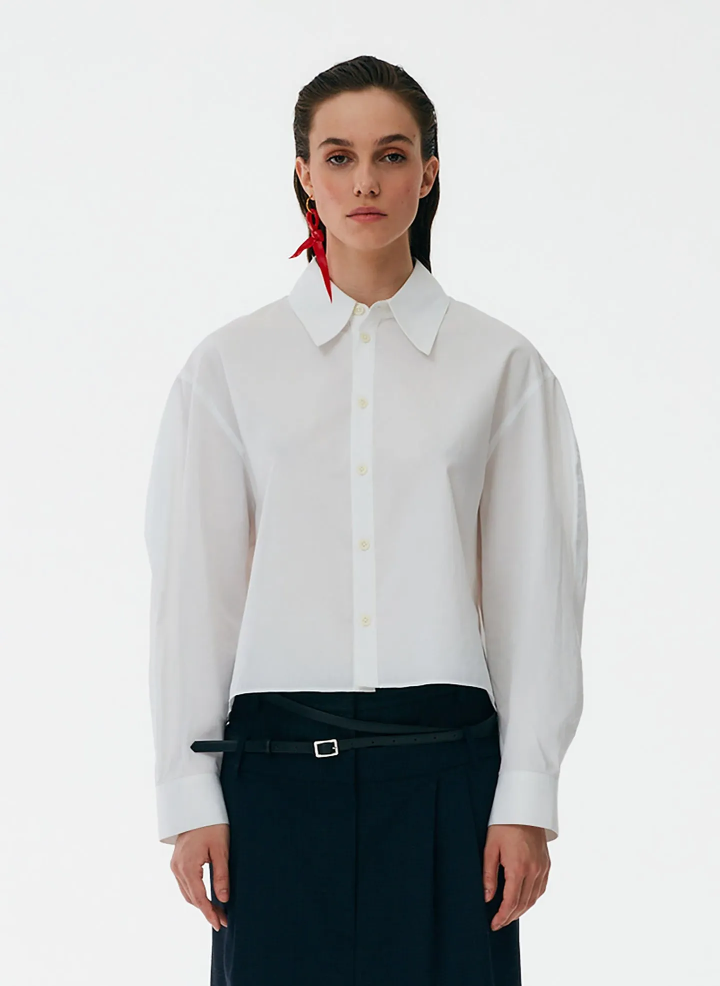 Miles Shirting Scallop Sleeve Cropped Boyfriend Shirt sold by Tibi
