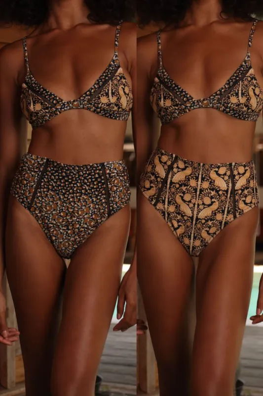 Ophelia Ava High Reversible Bikini Bottom - Black Peacock X Leopard sold by Tigerlily