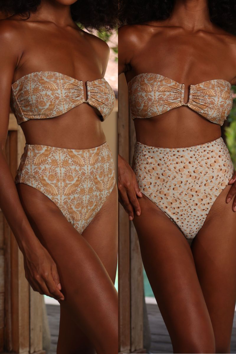 Ophelia Ava High Reversible Bikini Bottom - Sky Blue Peacock X Leopard sold by Tigerlily