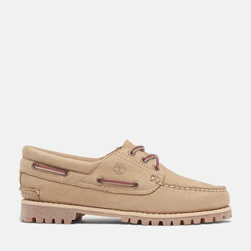 Timberland Women's Noreen 3-Eye Lug Handsewn Boat Shoe in  BEI Nubuck made by Timberland