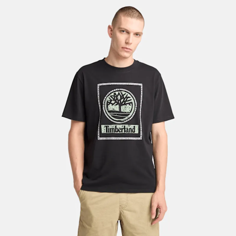 Timberland Men's Front Seasonal Stack Logo T-Shirt in Black sold by Timberland