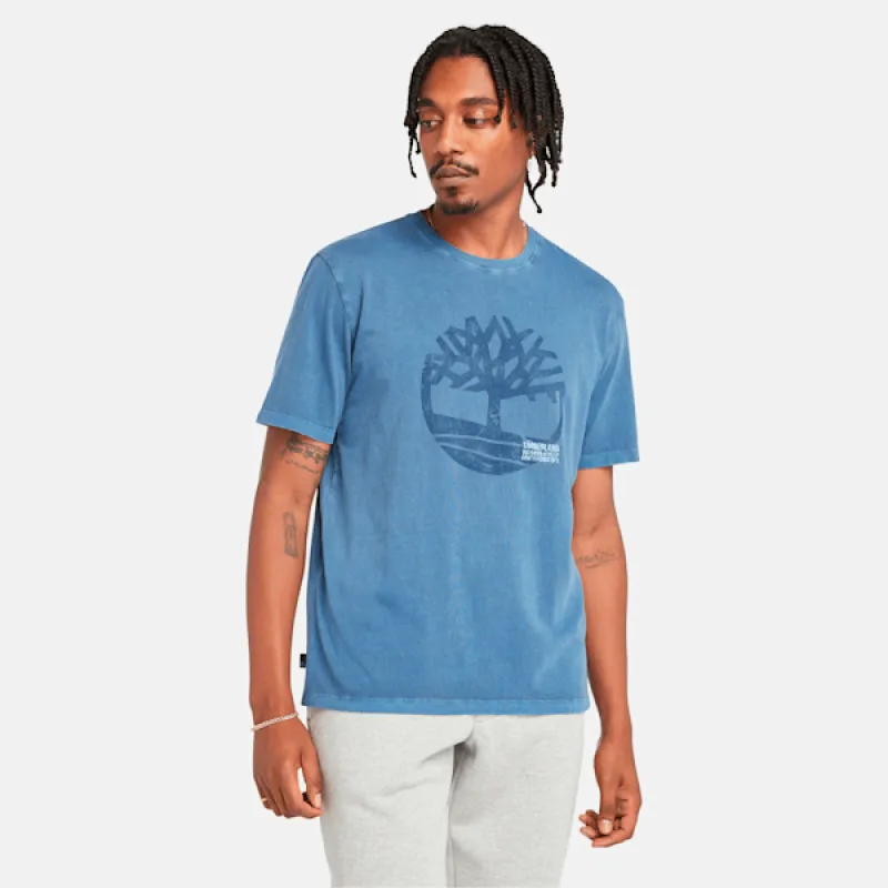 Timberland Men's Merrymack River Garment Dye Logo Graphic T-Shirt in Dark Denim sold by Timberland