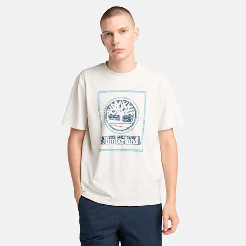 Timberland Men's Front Seasonal Stack Logo T-Shirt in Vintage White sold by Timberland
