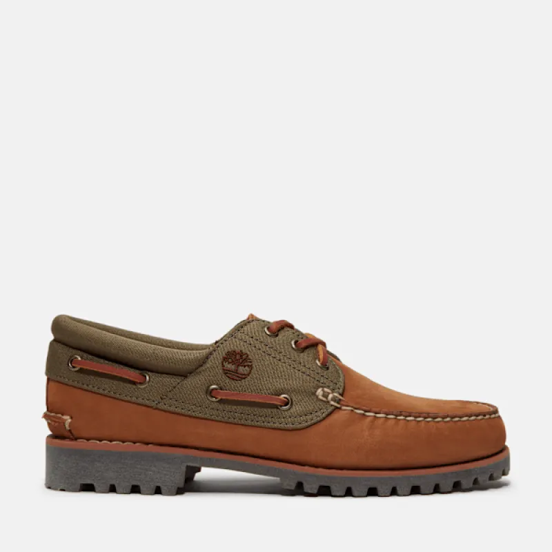 Men's Timberland® Authentics 3-Eye Boat Shoe in  Brown Nubuck sold by Timberland