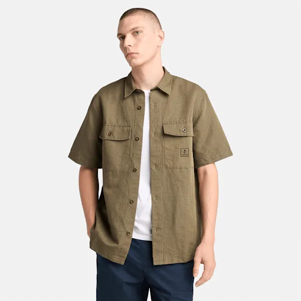 Timberland Men's Cotton Linen Utility Overshirt in Leaf Green sold by Timberland
