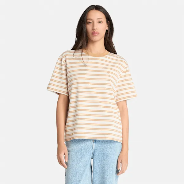 Timberland Women's Dunstan Short-Sleeve Stripe T-Shirt in Light Wheat sold by Timberland