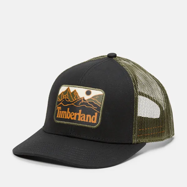 Timberland Mountain Line Patch Trucker Hat in Black sold by Timberland