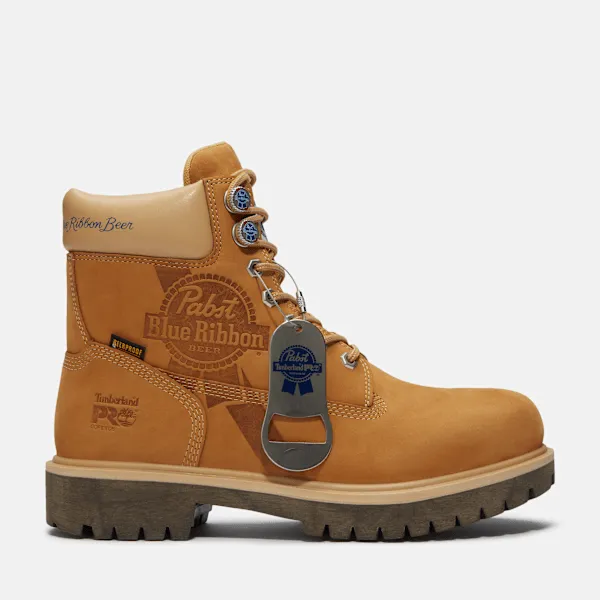 Men's Timberland PRO® and Pabst Blue Ribbon Direct Attach 6" Soft Toe Waterproof Work Boot in Wheat NBK W Brown sold by Timberland