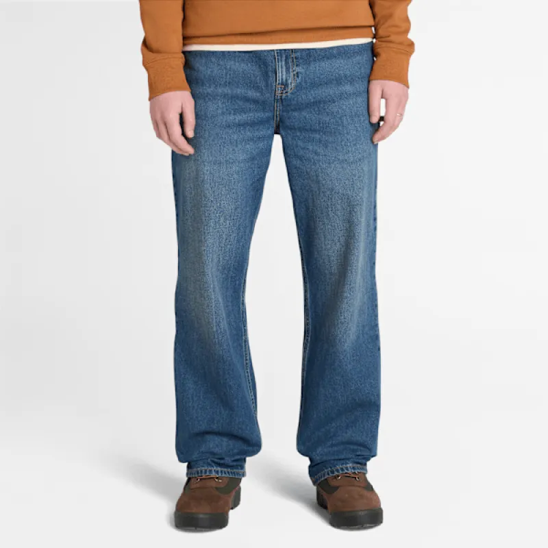 Timberland Men's Sandown Embroidered Denim Pant in MID Indigo made by Timberland
