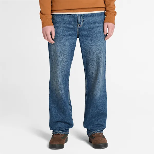 Timberland Men's Sandown Embroidered Denim Pant in MID Indigo sold by Timberland