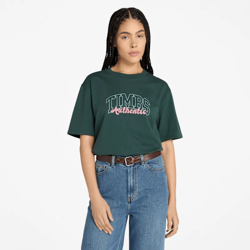 Women's Timberland® Varsity Graphic Short-Sleeve T-Shirt in Green Gables sold by Timberland