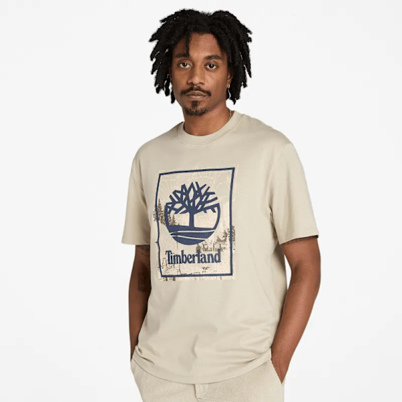 Timberland Men's Front Seasonal Stack Logo Graphic T-Shirt in Island Fossil sold by Timberland