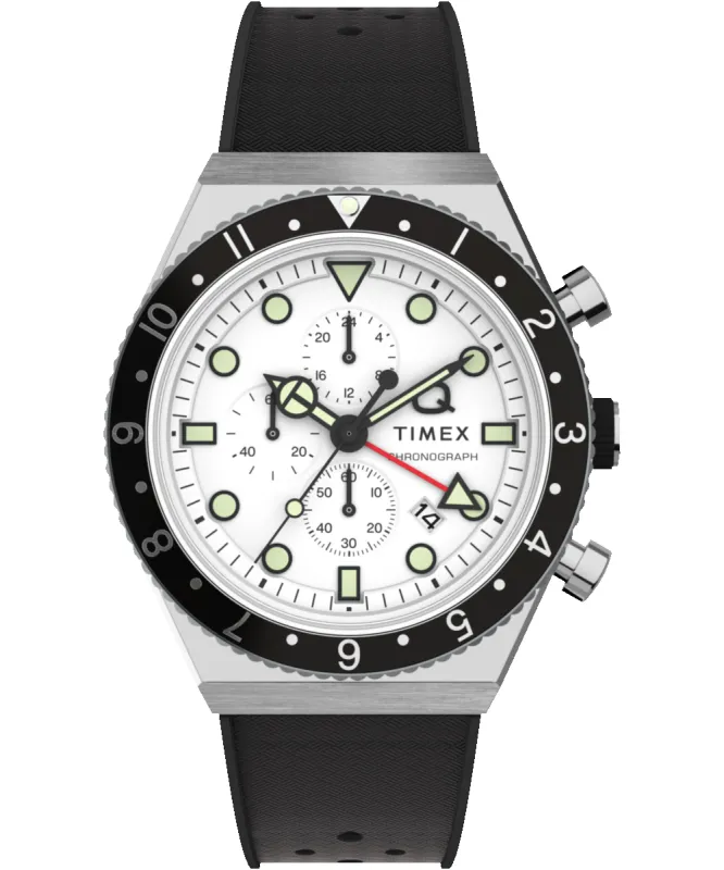 Q Timex 3-Time Zone Chronograph 40mm Synthetic Rubber Strap Watch sold by Timex