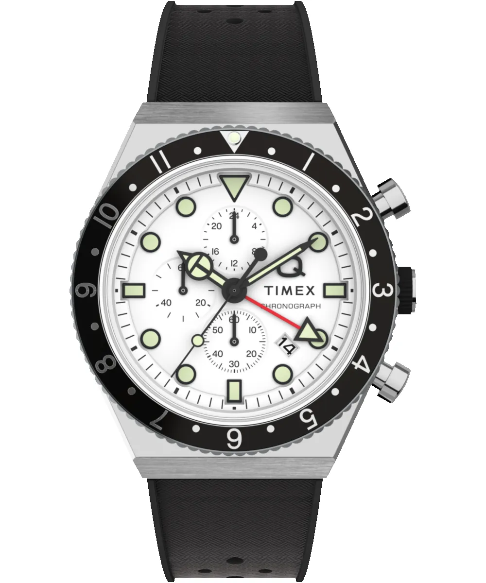 Q Timex 3-Time Zone Chronograph 40mm Synthetic Rubber Strap Watch sold by Timex