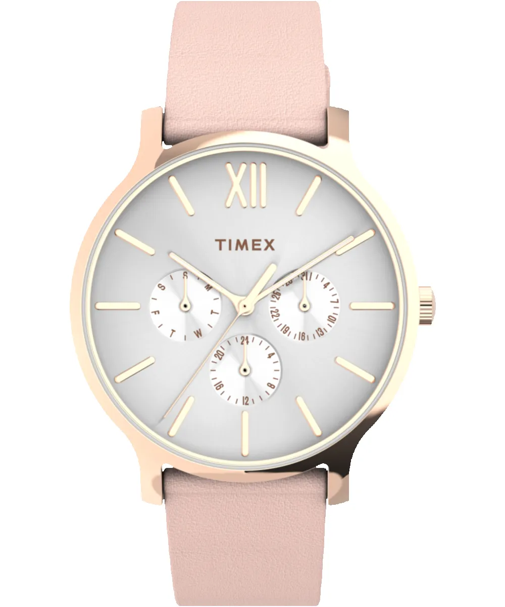 Transcend™ Multifunction 38mm Leather Strap Watch sold by Timex