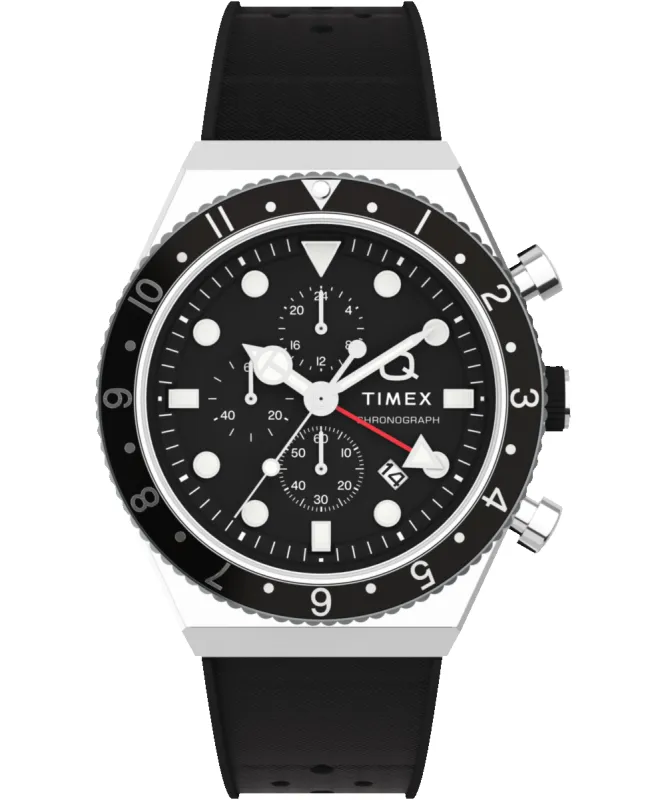 Q Timex 3-Time Zone Chronograph 40mm Synthetic Rubber Strap Watch sold by Timex