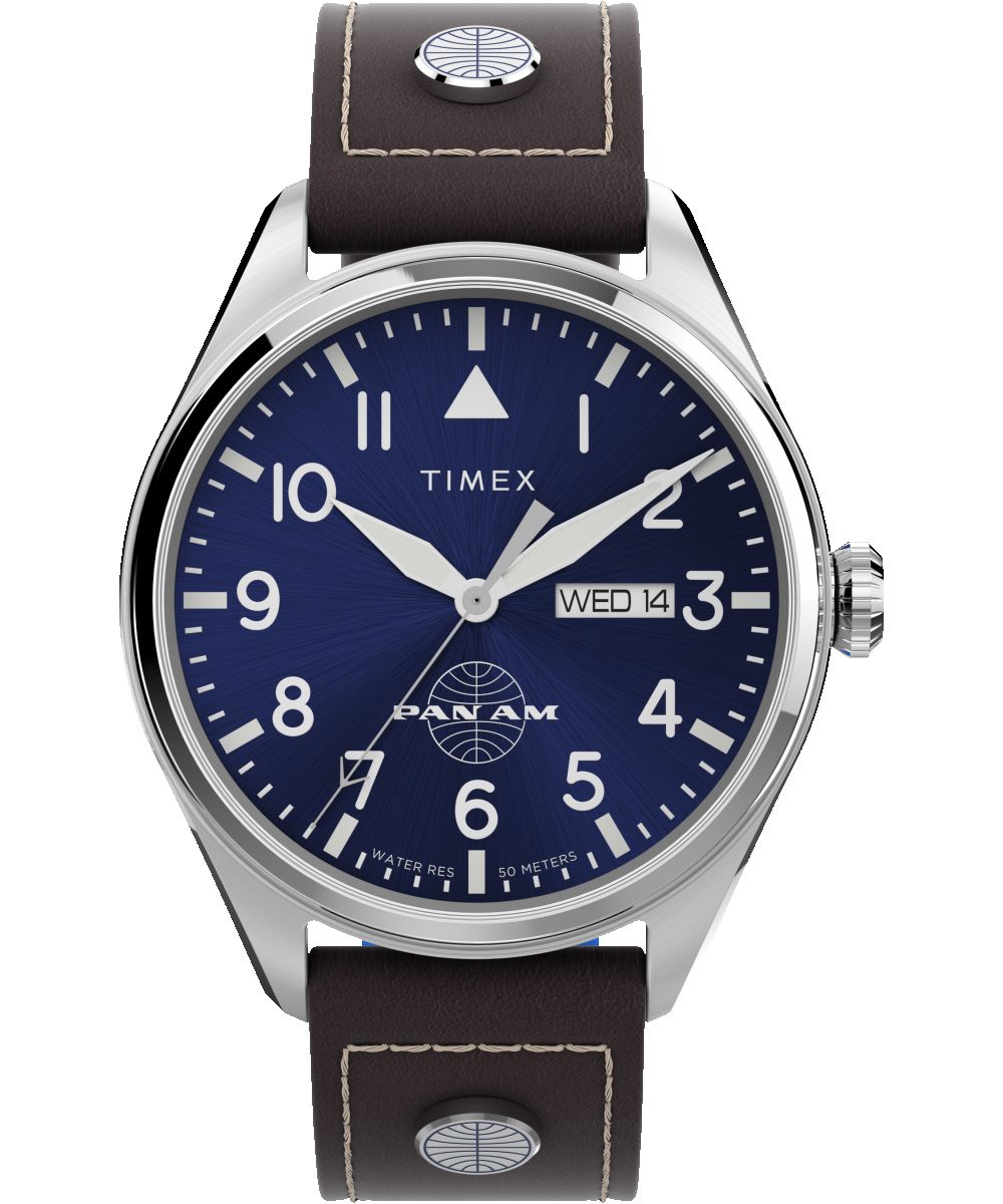 Timex X Pan Am Day-Date 42mm Leather Strap Watch sold by Timex