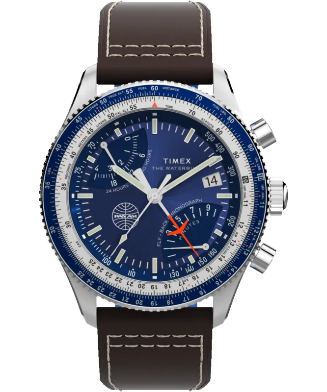 Timex Fly-Back Chronograph x Pan Am® 43mm Leather Strap Watch  sold by Timex