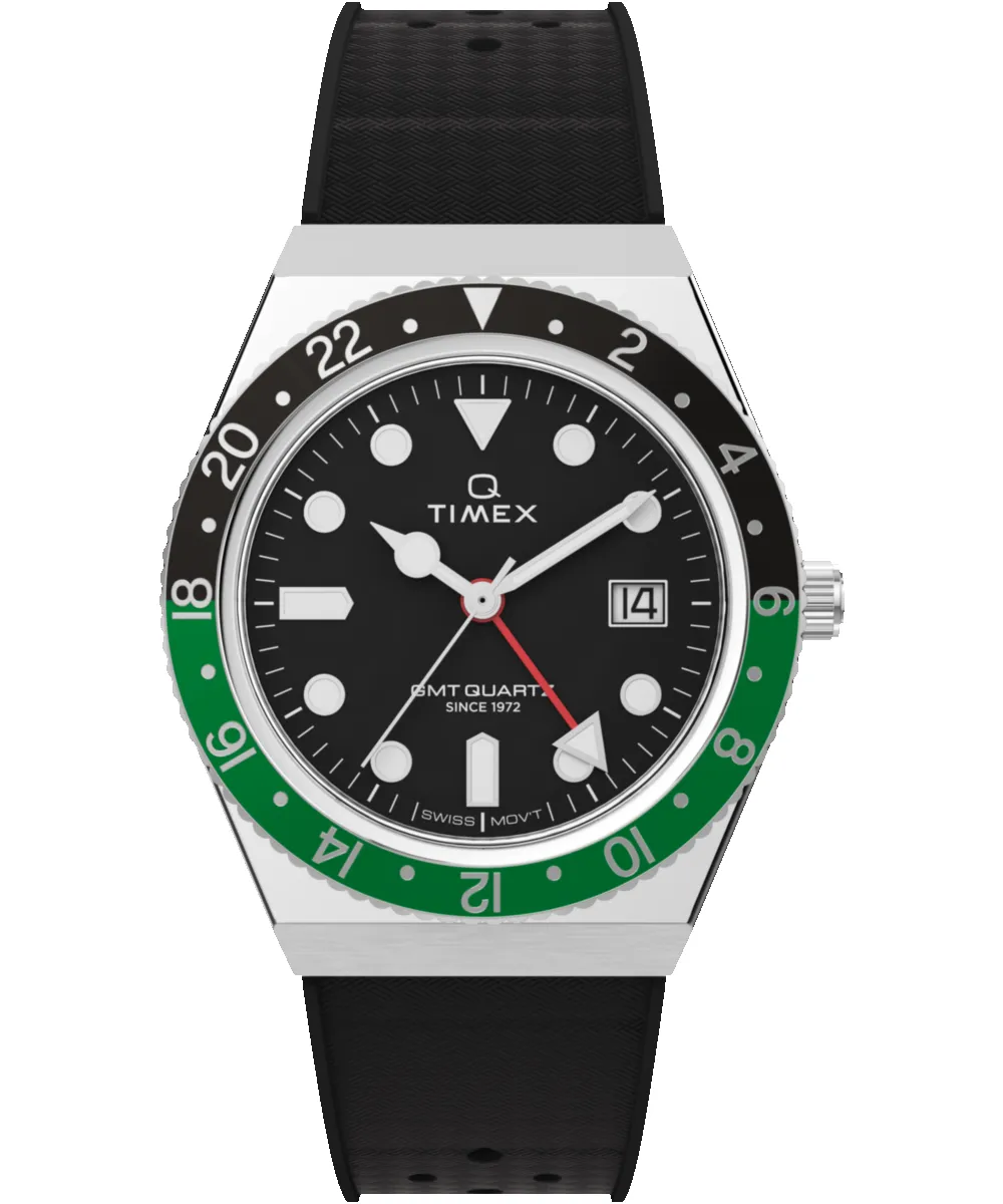 Q Timex® GMT 38mm Synthetic Rubber Strap Watch sold by Timex