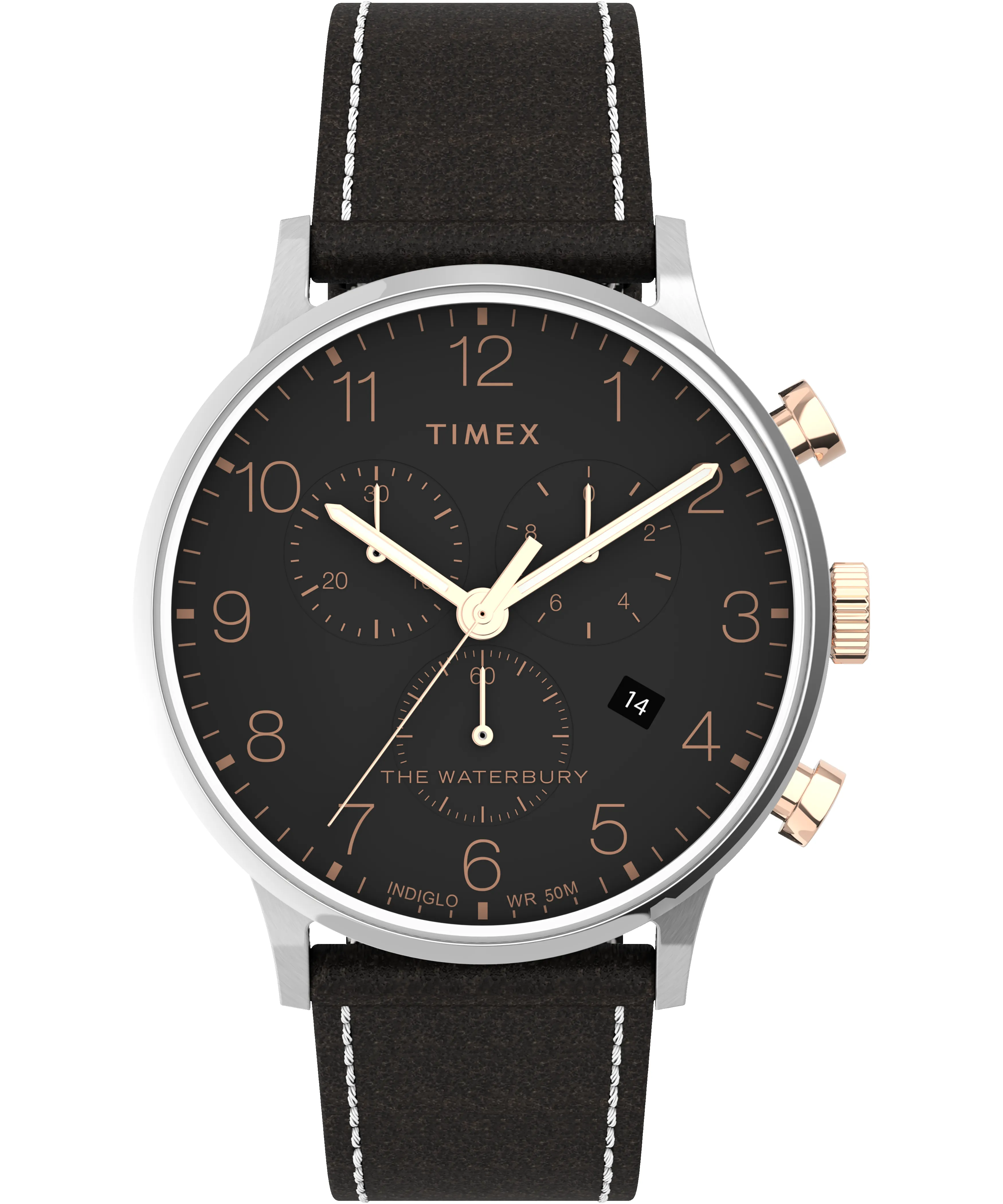 Waterbury Classic Chronograph 40mm Leather Strap Watch sold by Timex