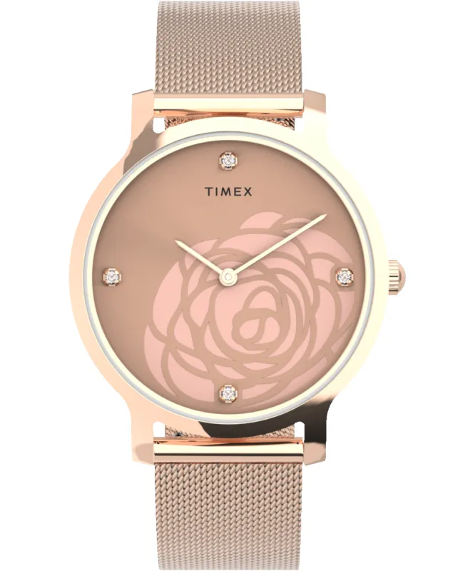 Transcend™ Floral 34mm Stainless Steel Mesh Band Watch sold by Timex