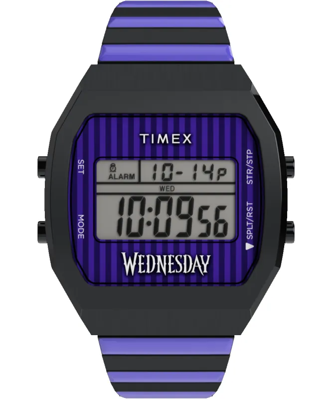 Timex x Wednesday T80 36mm Stainless Steel Black and Purple Expansion Band Watch sold by Timex