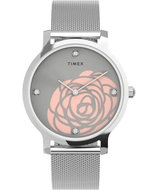 Transcend™ Floral 34mm Stainless Steel Mesh Band Watch sold by Timex