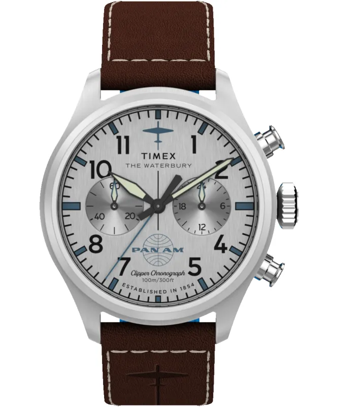 Timex x Pan Am® Waterbury Ace Chronograph 41mm Leather Strap Watch sold by Timex