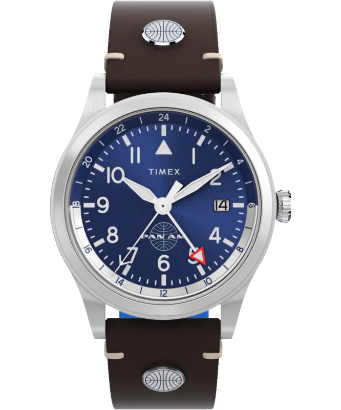 Pan Am® x Timex Waterbury GMT 39mm Leather Strap Watch sold by Timex