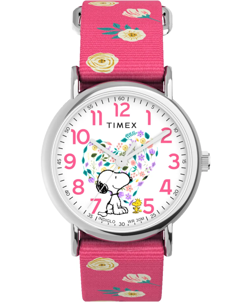 Peanuts® x Timex Weekender Floral 38mm Fabric Strap Watch sold by Timex