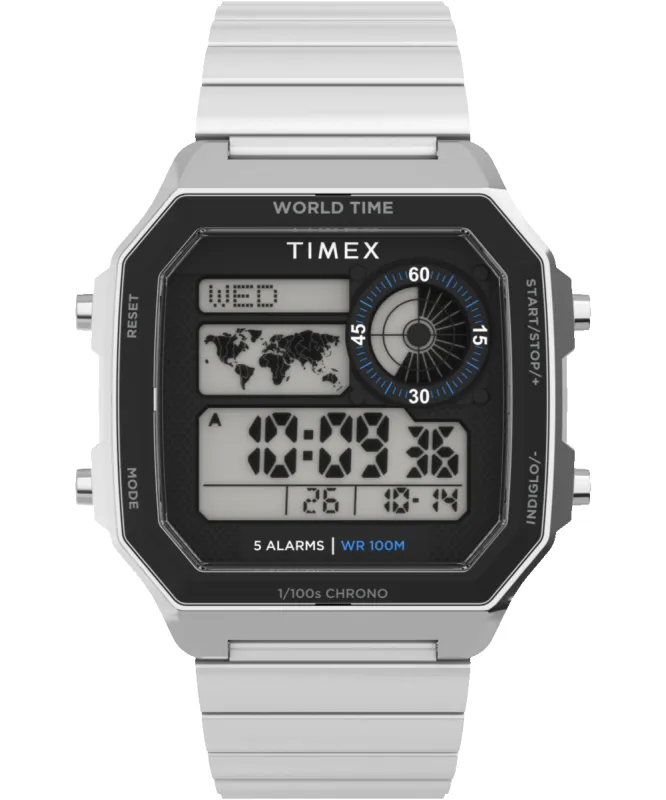 World Time Digital 40mm Stainless Steel Bracelet Watch made by Timex