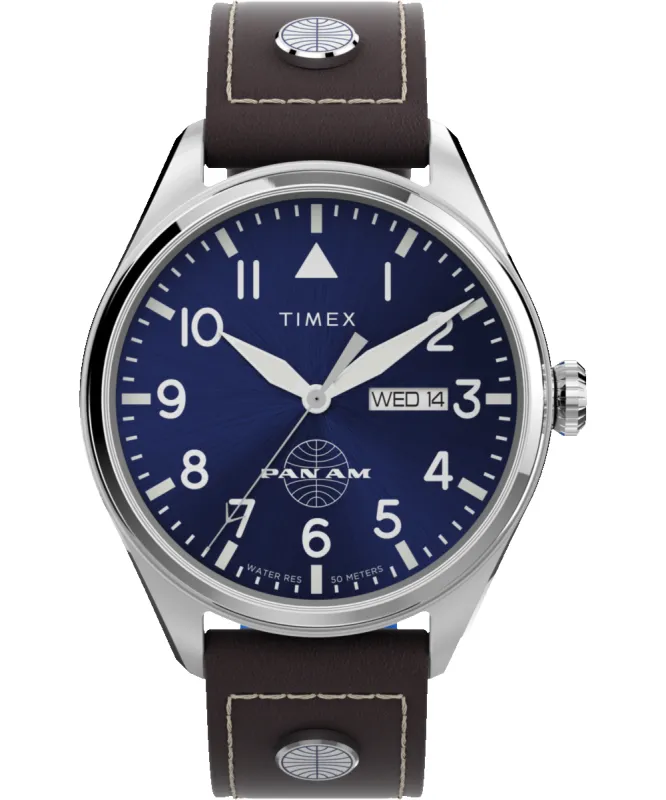 Pan Am x Timex Day-Date 42mm Leather Strap Watch made by Timex