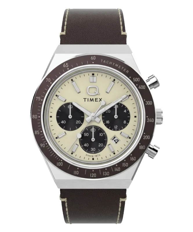 Q Timex Chronograph 40mm Leather Strap Watch made by Timex