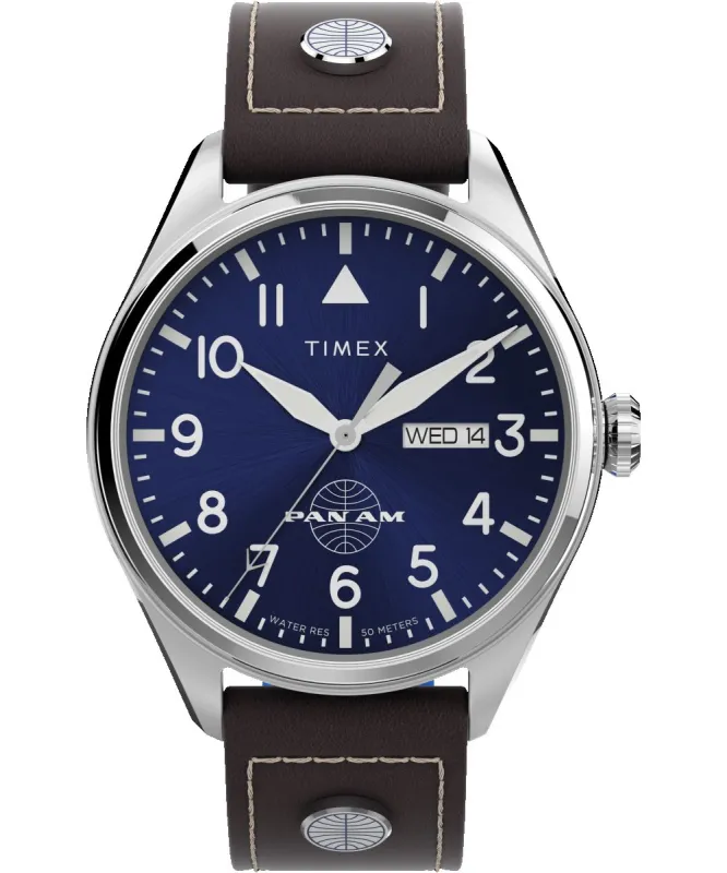 Timex X Pan Am Day-Date 42mm Leather Strap Watch sold by Timex