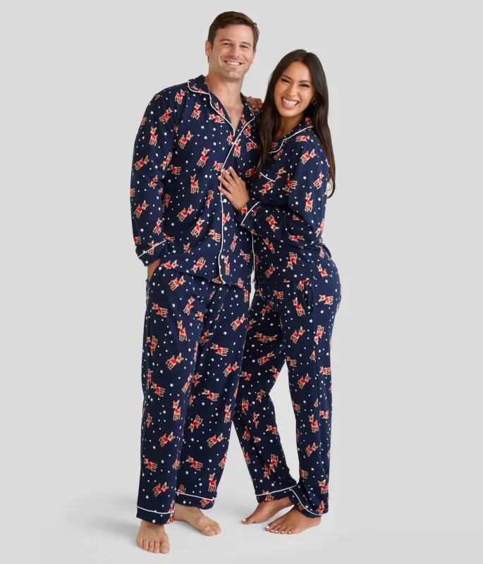 Matching Rudolph Lapel Couples Pajamas made by Tipsy Elves