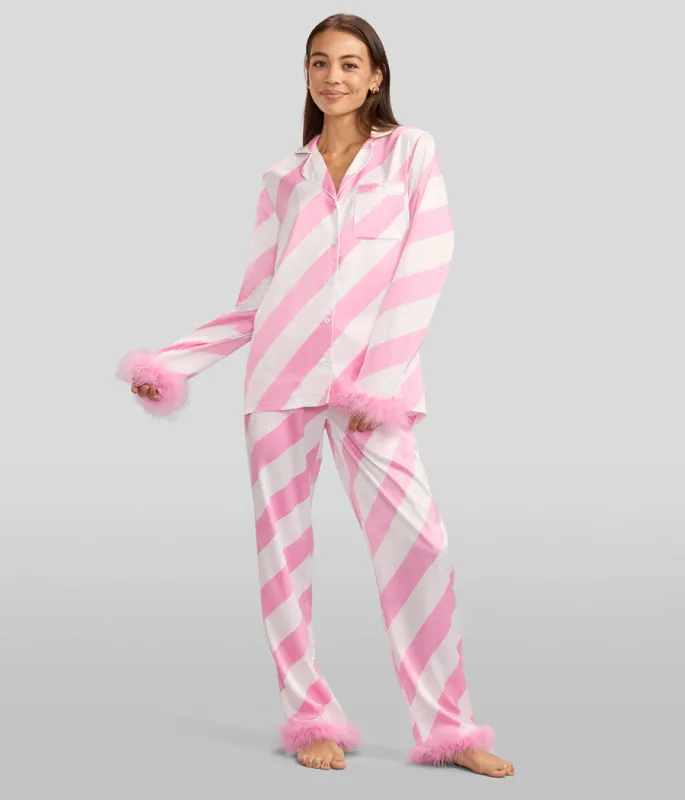 Women's Pink Candy Cane Satin Feather Pajama Set sold by Tipsy Elves