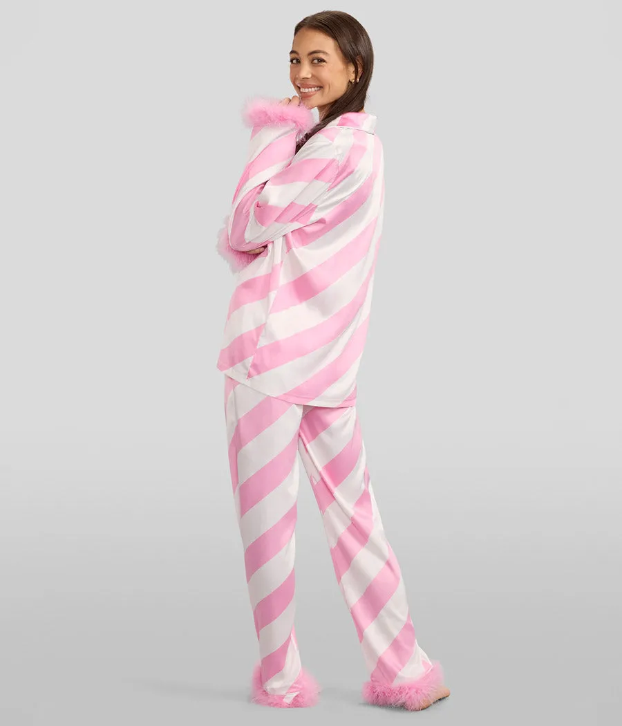 Women's Pink Candy Cane Satin Feather Pajama Set sold by Tipsy Elves product image thumbnail 2