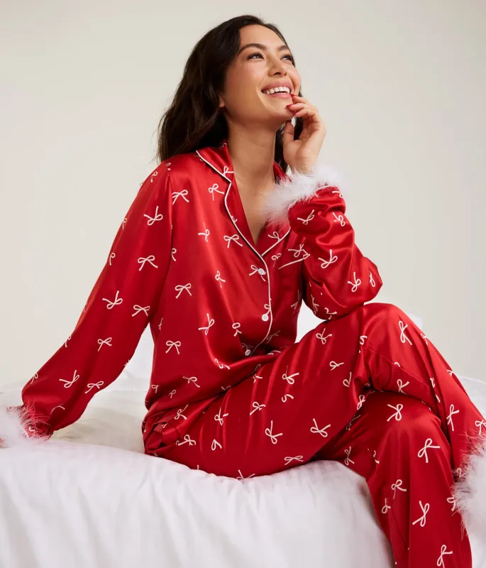 Women's Christmas Bow Satin Feather Pajama Set made by Tipsy Elves