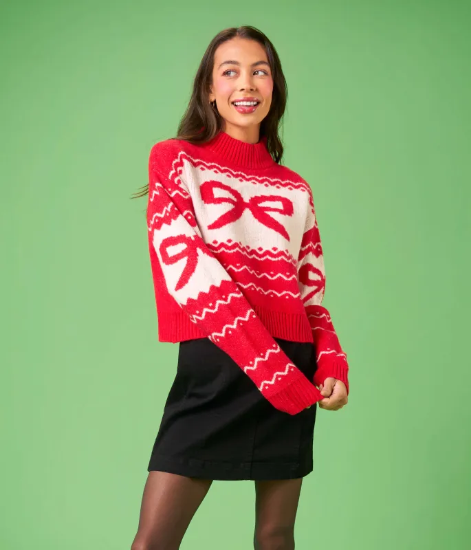 Women's Cozy Knit Bow Cropped Christmas Sweater sold by Tipsy Elves