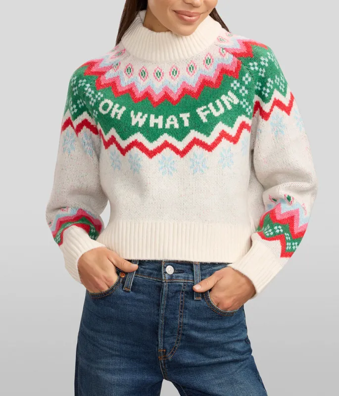 Women's Cozy Knit Oh What Fun Cropped Christmas Sweater made by Tipsy Elves