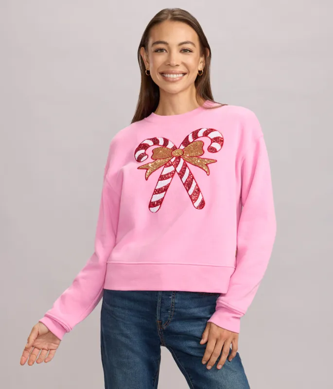 Women's Pink Sequin Candy Cane Sweatshirt sold by Tipsy Elves