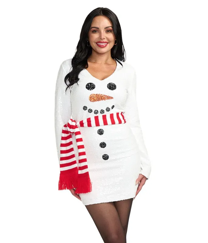 Women's Snowman Scarf Sequin Dress made by Tipsy Elves