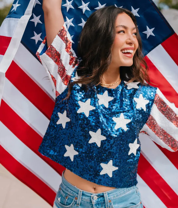 Women's Sequined Stars and Stripes Cropped Tee made by Tipsy Elves