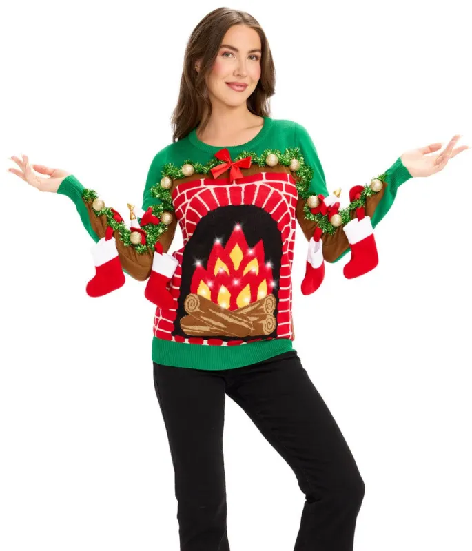 Women's Festive Fireplace Light Up Ugly Christmas Sweater sold by Tipsy Elves