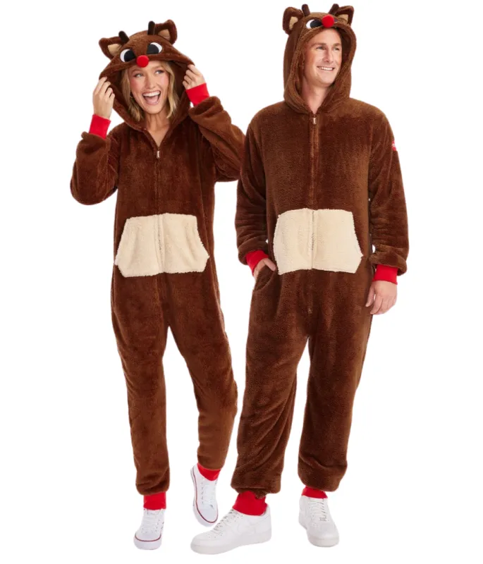 Matching Rudolph Sherpa Couples Jumpsuits sold by Tipsy Elves