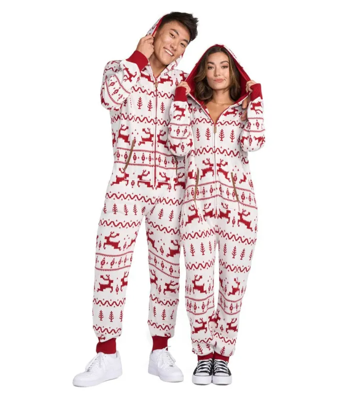 Matching Red and White Fair Isle Knit Couples Jumpsuits sold by Tipsy Elves