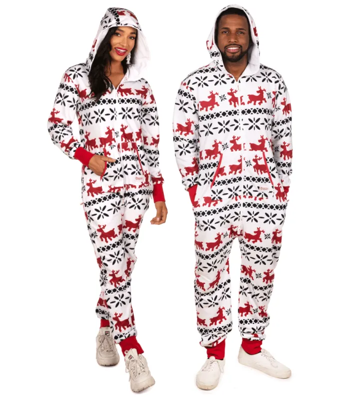 Matching Red and White Reindeer Couples Jumpsuits sold by Tipsy Elves