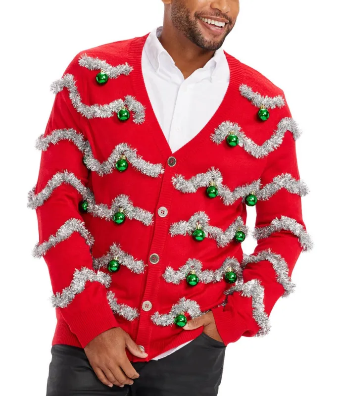 Men's Tinsel Christmas Cardigan Sweater sold by Tipsy Elves