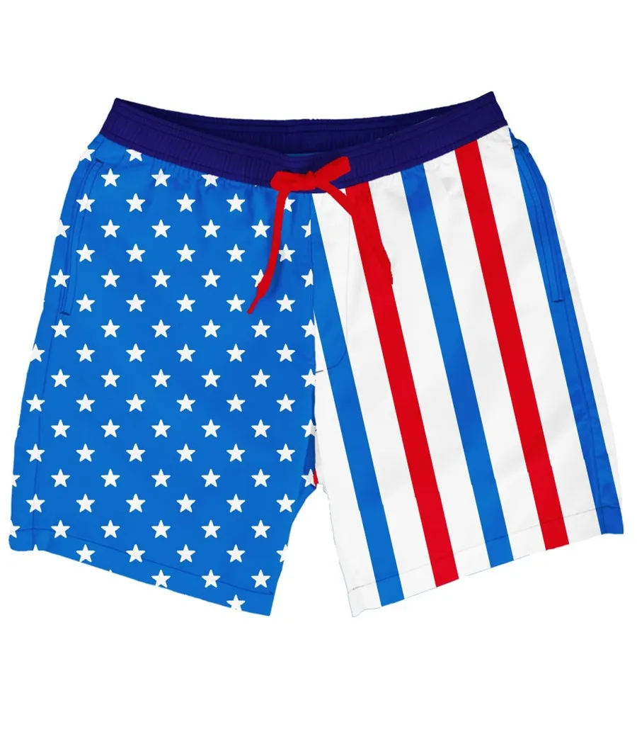 United Stripes Stretch Swim Trunks - 7.5" Inseam sold by Tipsy Elves