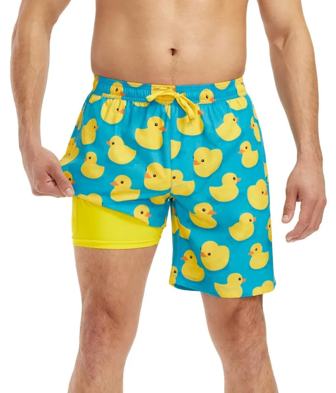 Rubber Ducky Stretch Swim Trunks With Liner - 7.5" Inseam sold by Tipsy Elves